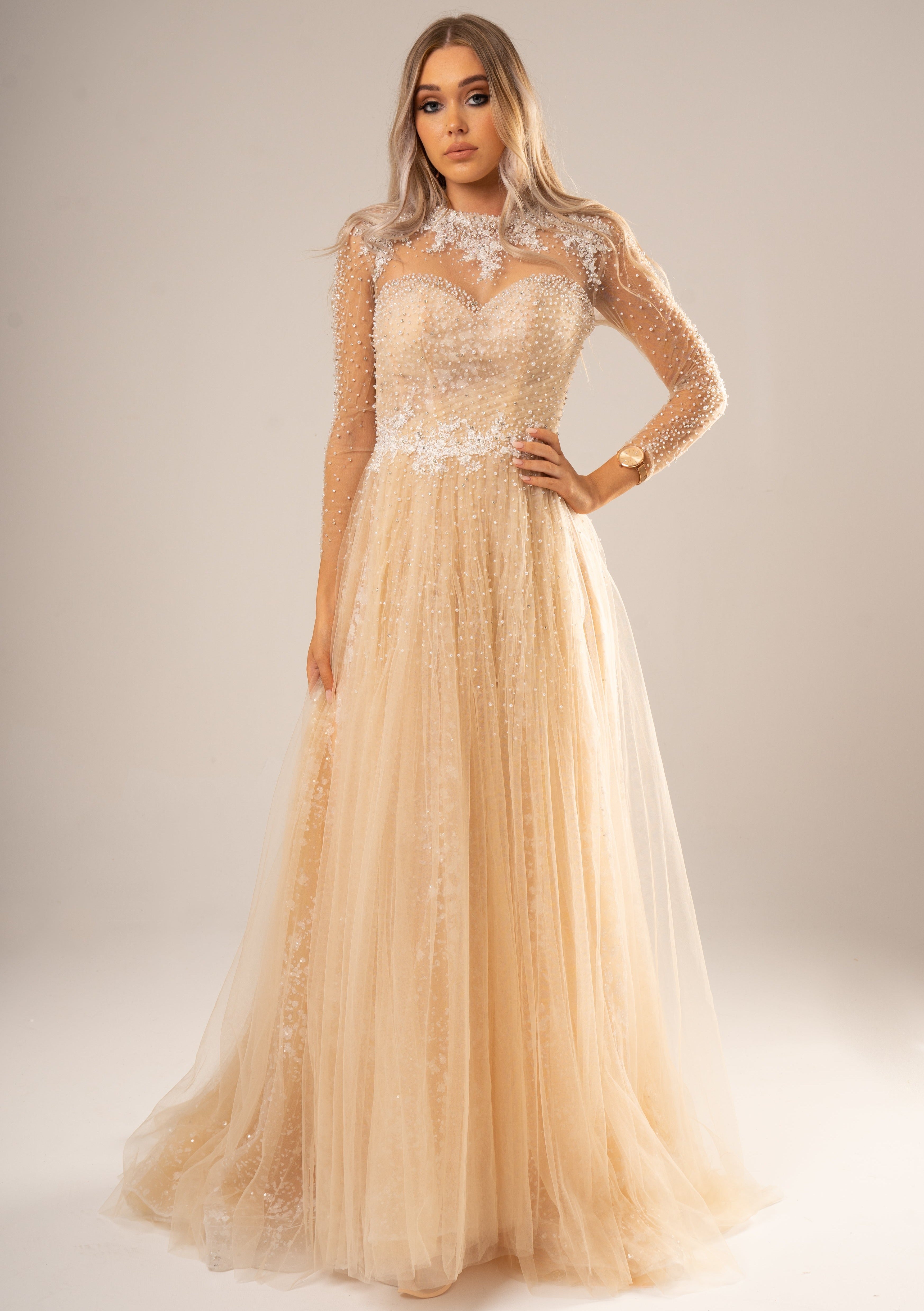 Sparkling light gold tulle with beads all over princess dress with