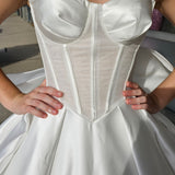 Pleated cup wavy neckline corset top with big princess skirt satin dress with big bow