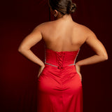 red satin sweet heart neckline with crystal details