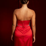 red satin sweet heart neckline with crystal details