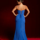 blue sparkling dress with bustier top and ruched high slit