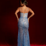 blue sparkling dress with bustier top and high slit