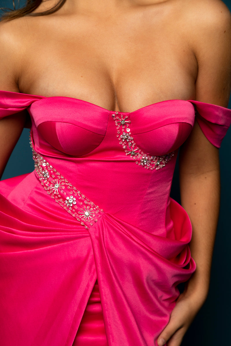 Hot pink bustier corset back princess dress with straps – Destiny Chic
