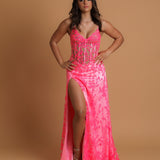 Sparkling pink dress with V neckline and corset back