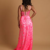 Sparkling pink dress with V neckline and corset back