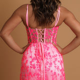 Sparkling pink dress with V neckline and corset back