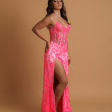 Sparkling pink dress with V neckline and corset back