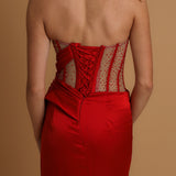 Cherry red bustier top see-through bodice beaded satin mermaid dress for hire