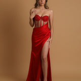 Red corset dress with high slit