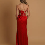 Cherry red bustier top see-through bodice beaded satin mermaid dress for hire