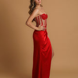 Cherry red bustier top see-through bodice beaded satin mermaid dress for hire