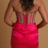 hot pink mesh panelling corset dress for hire