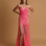 Sparkling pink dress with V neckline and corset back