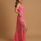 Sparkling pink dress with V neckline and corset back