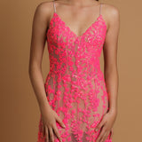 Sparkling pink dress with V neckline and corset back