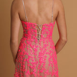 Sparkling pink dress with V neckline and corset back