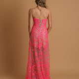 Sparkling pink dress with V neckline and corset back