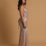 Sparkling silver and pink strapless mermaid dress with slit for hire