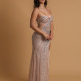 Sparkling silver and pink strapless mermaid dress with slit for hire