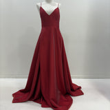 Red satin v-neck full dress with slit and lace up back (sales)