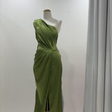 Sage green one shoulder sample gown with split