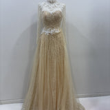 Nude Full length sleeve sample gown with pearl beading and white lace