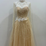 Nude Full length sleeve sample gown with pearl beading and white lace