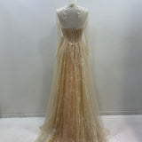 Nude Full length sleeve sample gown with pearl beading and white lace