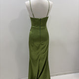 Sage green ruched sample gown with split and spaghetti straps