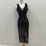 Black sequin lace embroidery cocktail sample dress with v neckline