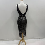 Black sequin lace embroidery cocktail sample dress with v neckline