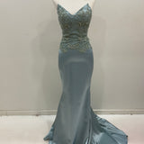 Everly steel blue satin mermaid dress with beaded lace top and lace up back (sales)