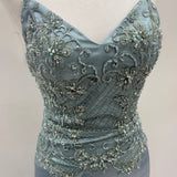 Everly steel blue satin mermaid dress with beaded lace top and lace up back (sales)