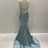 Everly steel blue satin mermaid dress with beaded lace top and lace up back (sales)