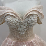 Baby pink off the shoulder ballgown with sequin, lace, and pearl beading