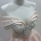 Baby pink off the shoulder ballgown with sequin, lace, and pearl beading