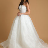 Strapless sparkling straight cut neckline crinoline skirt wedding dress for hire