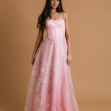 pink accent straight neck line with flowy skirt