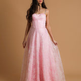 pink accent straight neck line with flowy skirt