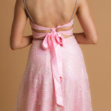 pink accent straight neck line with flowy skirt