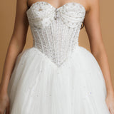 White sparkling corset princess dress with Basque waist for hire