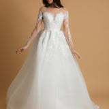 White sparkling sequin tulle wedding dress with long sleeves princess gown for hire