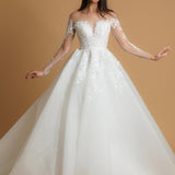 White sparkling sequin tulle wedding dress with long sleeves princess gown for hire