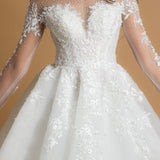 White sparkling sequin tulle wedding dress with long sleeves princess gown for hire