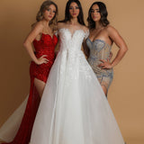 White sparkling sequin tulle wedding dress with long sleeves princess gown for hire