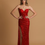 Red beaded wavy neck strapless corset dress