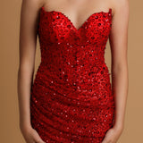 Red beaded wavy neck strapless corset dress