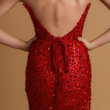 Red beaded wavy neck strapless corset dress