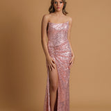 Baby Pink Beaded lace crescent moon and a high slit dress