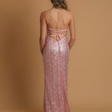 Baby Pink Beaded lace crescent moon and a high slit dress